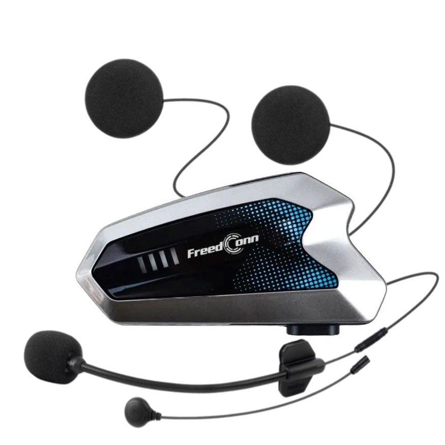 Motorcycle helmet intercom with earpieces on a white background